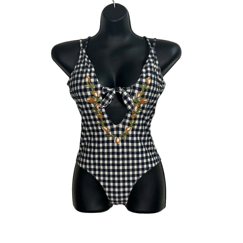 O'Neill Women's Size XS One Piece Bathing Suit Swim Gingham Plaid Embroidered